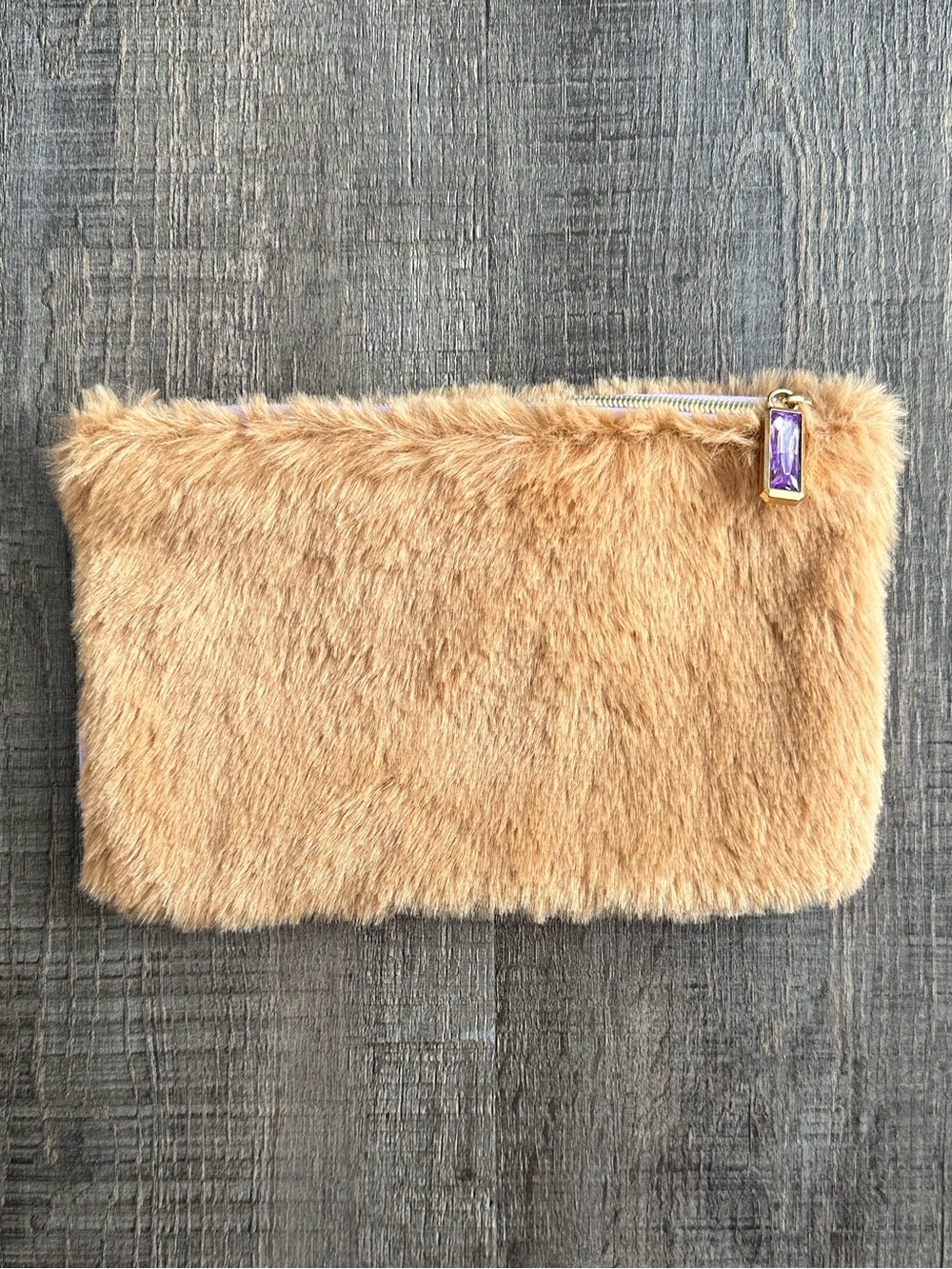 💞 New Ipsy Faux Fur Cosmetic Bag in Camel with Purple Gem Zip Pull
